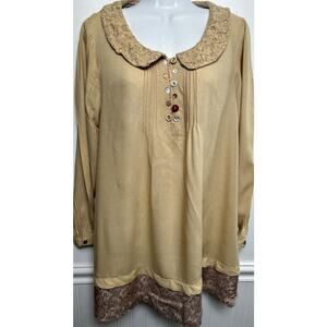 April Cornell L/S Tunic Dress VTG Tan Cottagecore Womens XS Lace Collar Pintuck